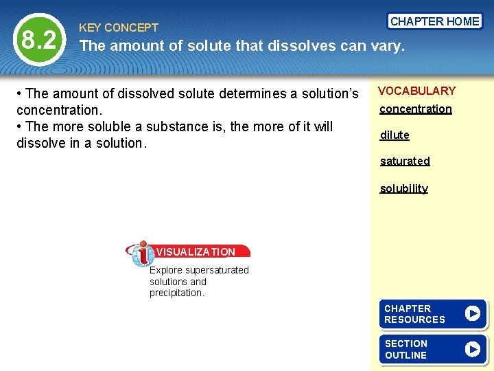 8. 2 KEY CONCEPT CHAPTER HOME The amount of solute that dissolves can vary.