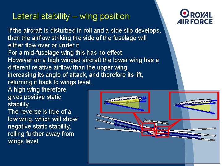 Lateral stability – wing position If the aircraft is disturbed in roll and a