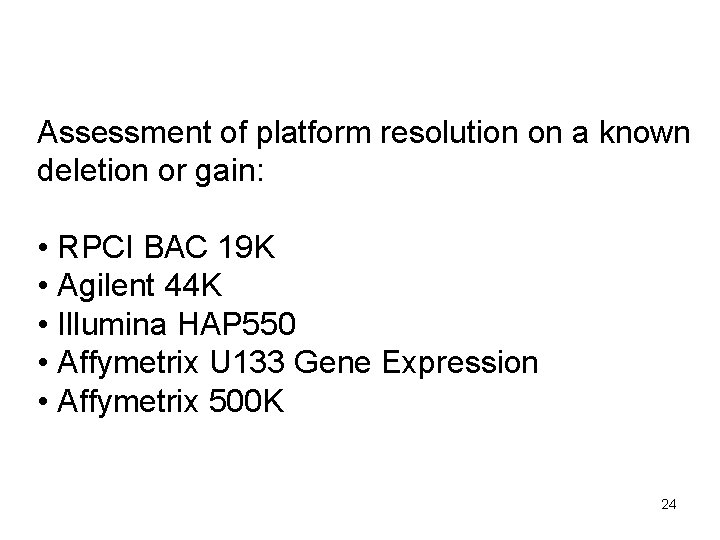 Assessment of platform resolution on a known deletion or gain: • RPCI BAC 19