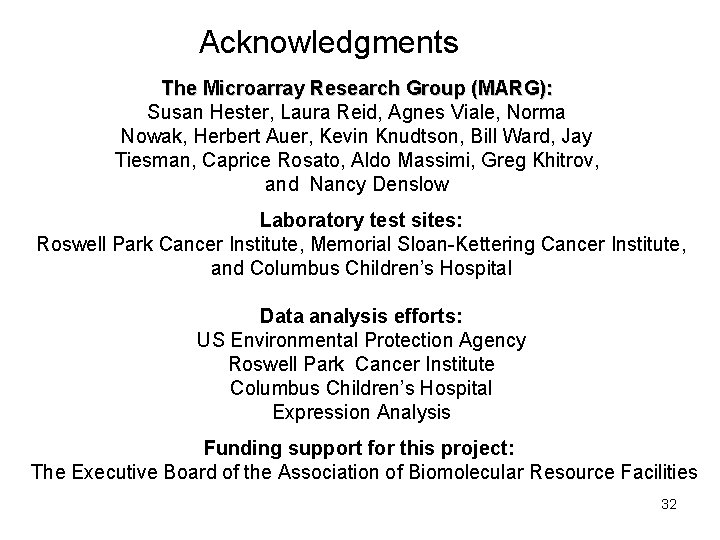 Acknowledgments The Microarray Research Group (MARG): Susan Hester, Laura Reid, Agnes Viale, Norma Nowak,