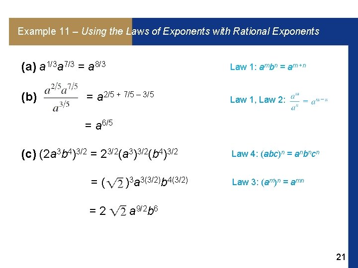 Example 11 – Using the Laws of Exponents with Rational Exponents (a) a 1/3