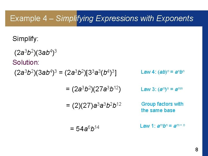Example 4 – Simplifying Expressions with Exponents Simplify: (2 a 3 b 2)(3 ab