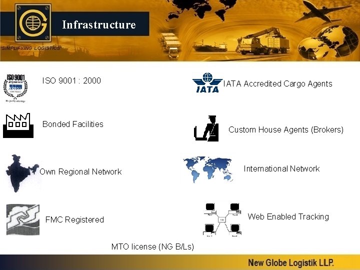 Infrastructure ISO 9001 : 2000 IATA Accredited Cargo Agents Bonded Facilities Custom House Agents