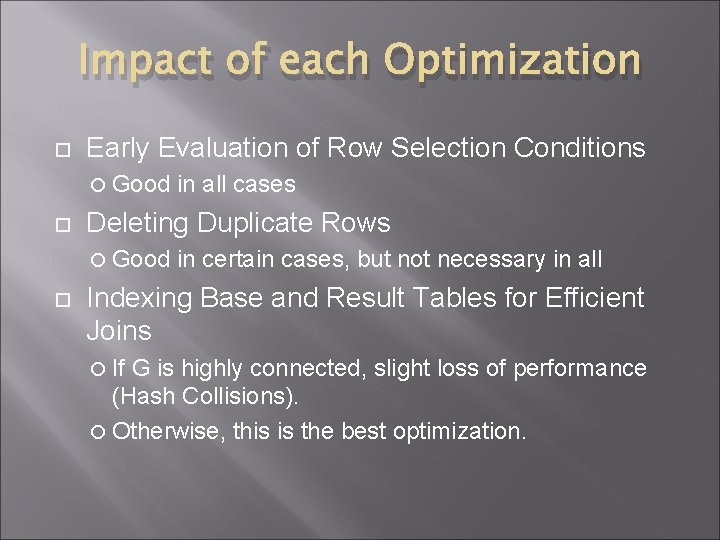 Impact of each Optimization Early Evaluation of Row Selection Conditions Good Deleting Duplicate Rows