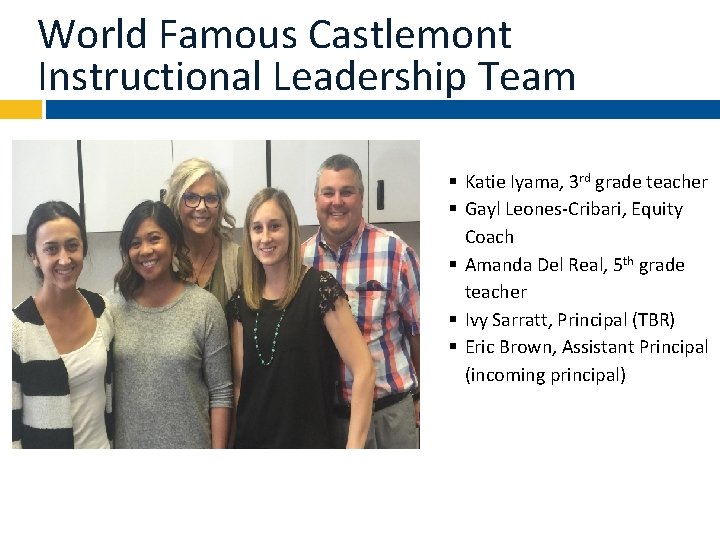 World Famous Castlemont Instructional Leadership Team § Katie Iyama, 3 rd grade teacher §