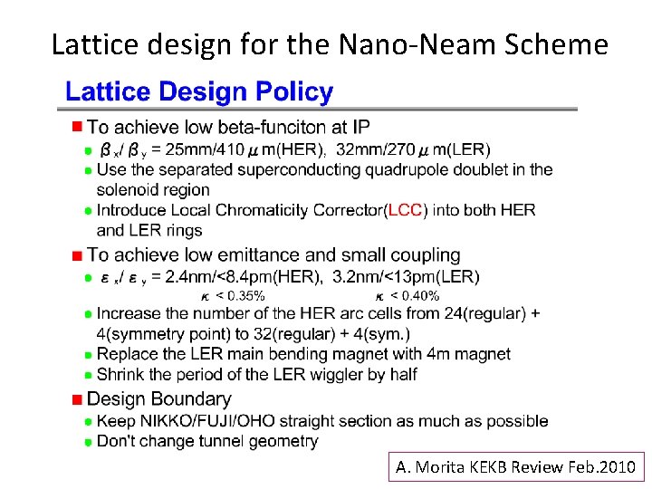 Lattice design for the Nano-Neam Scheme A. Morita KEKB Review Feb. 2010 