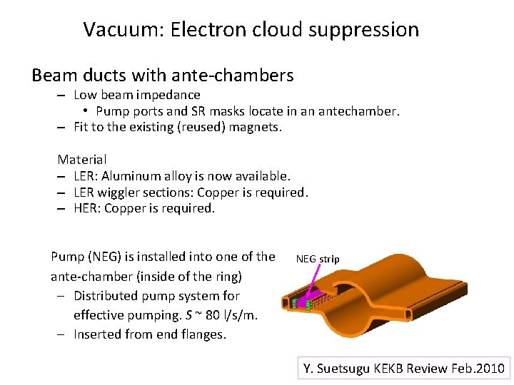 Vacuum: Electron cloud suppression Beam ducts with ante-chambers – Low beam impedance • Pump