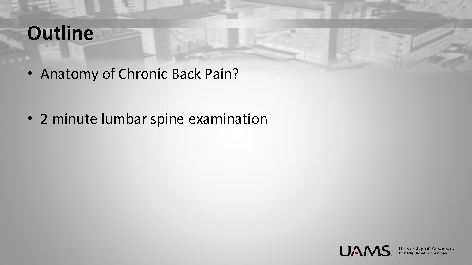 Outline • Anatomy of Chronic Back Pain? • 2 minute lumbar spine examination 