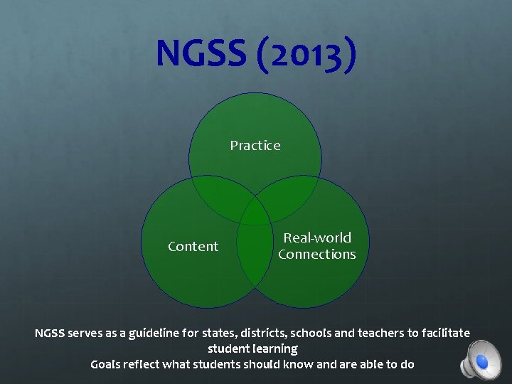 NGSS (2013) Practice Content Real-world Connections NGSS serves as a guideline for states, districts,