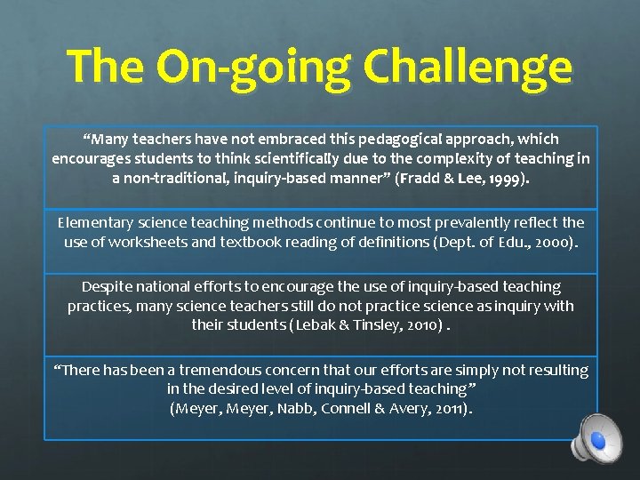 The On-going Challenge “Many teachers have not embraced this pedagogical approach, which encourages students