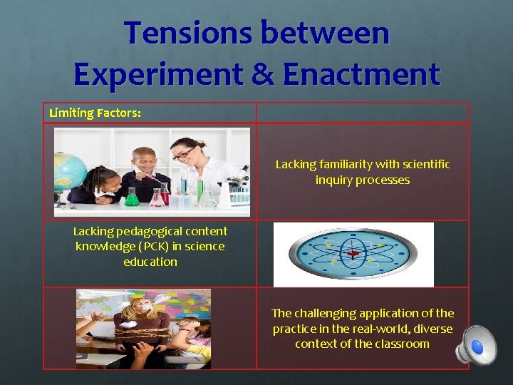 Tensions between Experiment & Enactment Limiting Factors: Lacking familiarity with scientific inquiry processes Lacking