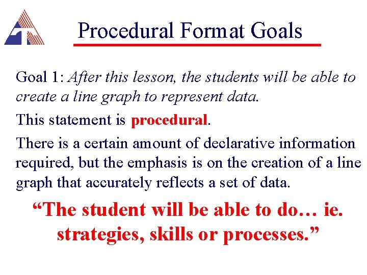 Procedural Format Goals Goal 1: After this lesson, the students will be able to