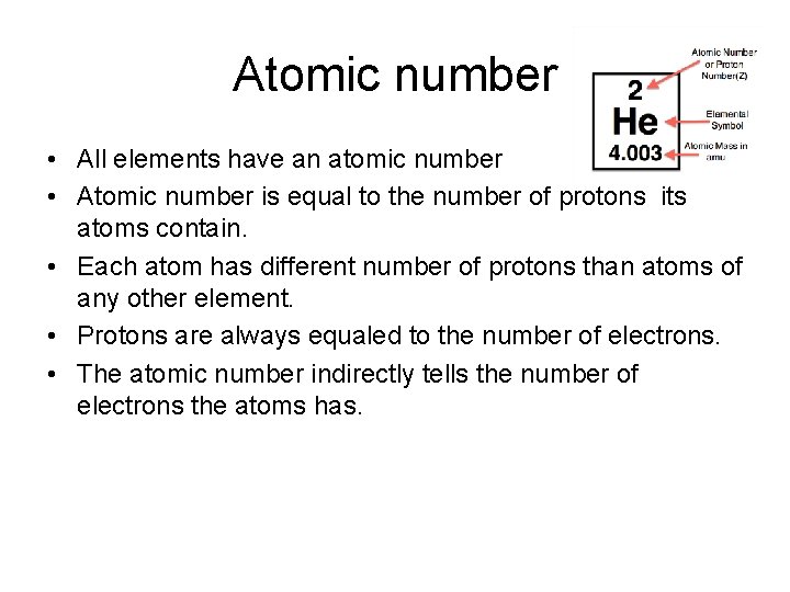 Atomic number • All elements have an atomic number • Atomic number is equal