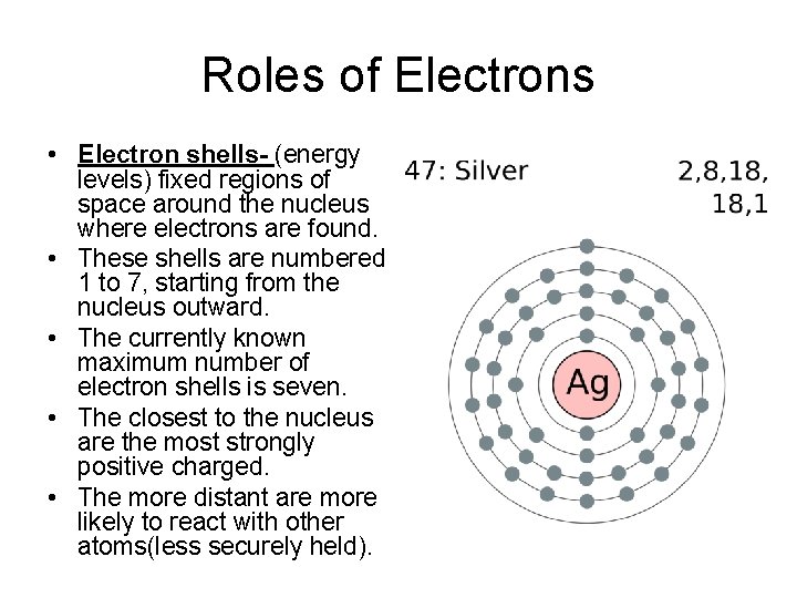 Roles of Electrons • Electron shells- (energy levels) fixed regions of space around the Roles of Electrons • Electron shells- (energy levels) fixed regions of space around the