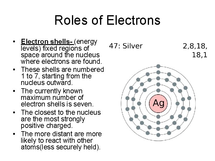 Roles of Electrons • Electron shells- (energy levels) fixed regions of space around the