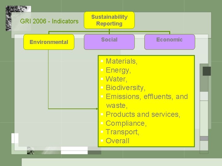 GRI 2006 - Indicators Sustainability Reporting Environmental Social Economic § Materials, § Energy, §