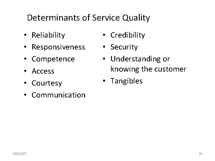 Determinants of Service Quality • • • 2020/10/7 Reliability Responsiveness Competence Access Courtesy Communication