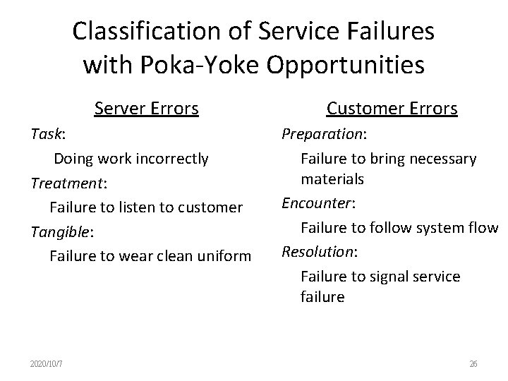 Classification of Service Failures with Poka-Yoke Opportunities Server Errors Task: Doing work incorrectly Treatment: