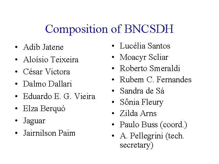 Composition of BNCSDH • • Adib Jatene Aloísio Teixeira César Victora Dalmo Dallari Eduardo