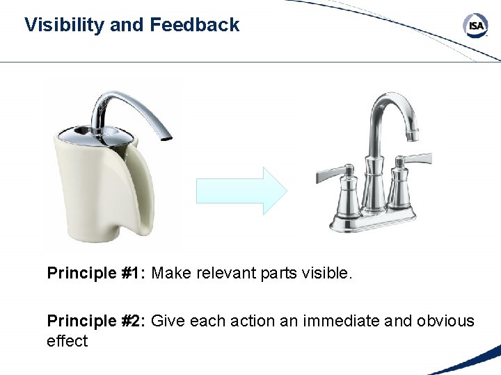 Visibility and Feedback Principle #1: Make relevant parts visible. Principle #2: Give each action