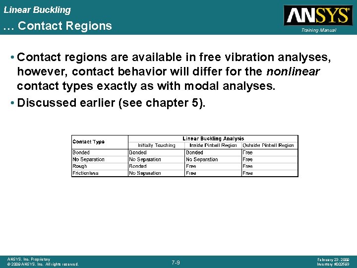 Linear Buckling … Contact Regions Training Manual • Contact regions are available in free