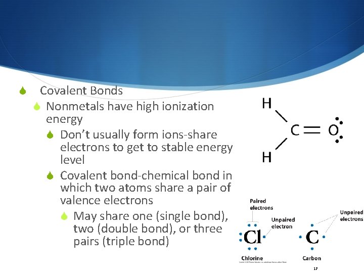  Covalent Bonds Nonmetals have high ionization energy Don’t usually form ions-share electrons to