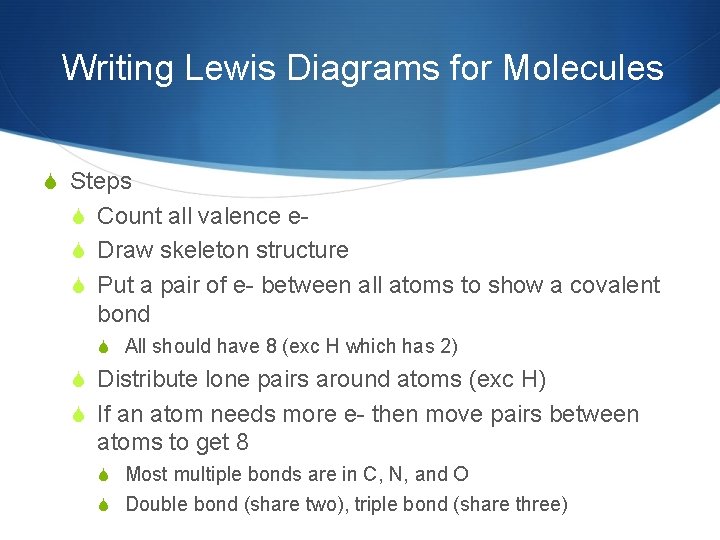 Writing Lewis Diagrams for Molecules Steps Count all valence e Draw skeleton structure Put