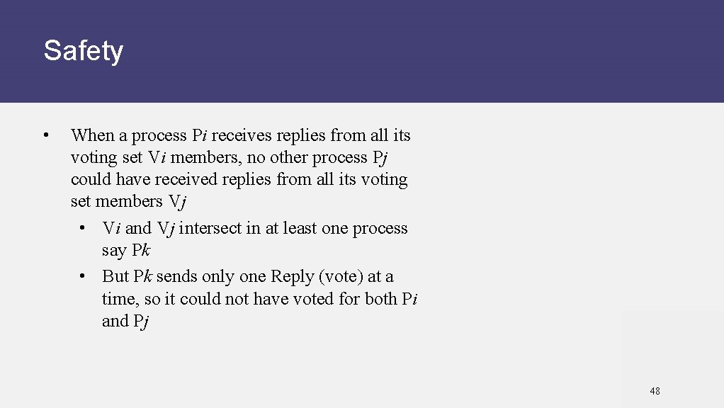 Safety • When a process Pi receives replies from all its voting set Vi