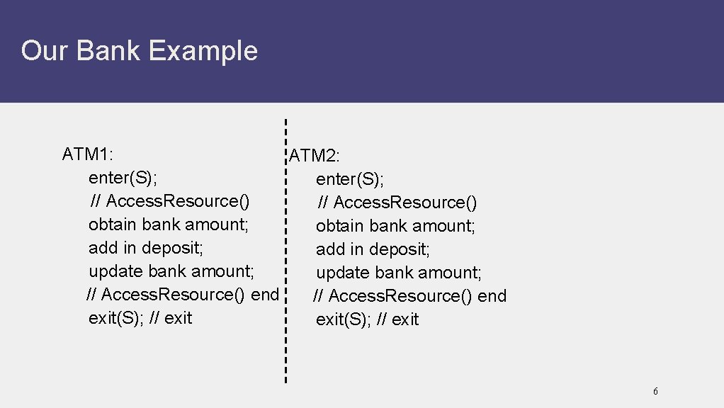 Our Bank Example ATM 1: ATM 2: enter(S); // Access. Resource() obtain bank amount;