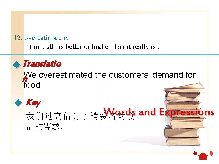 12. overestimate v. think sth. is better or higher than it really is. Translatio
