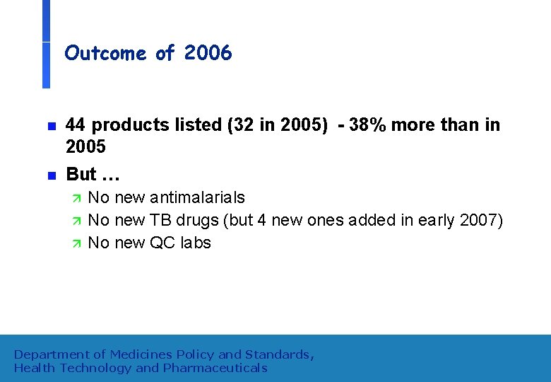 Outcome of 2006 n 44 products listed (32 in 2005) - 38% more than