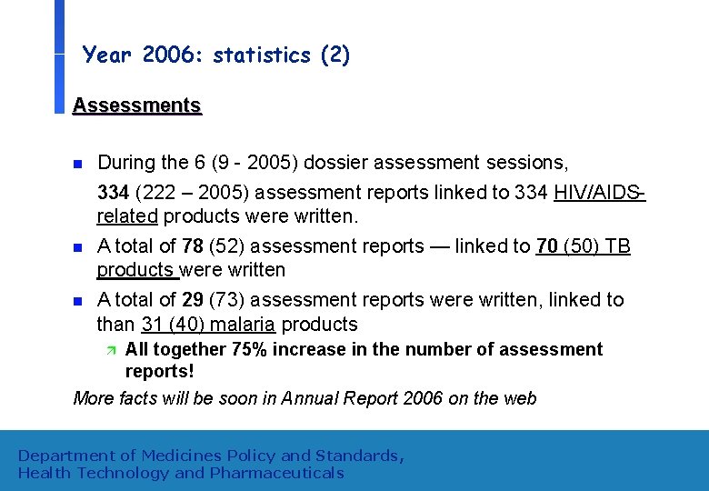 Year 2006: statistics (2) Assessments n n n During the 6 (9 - 2005)