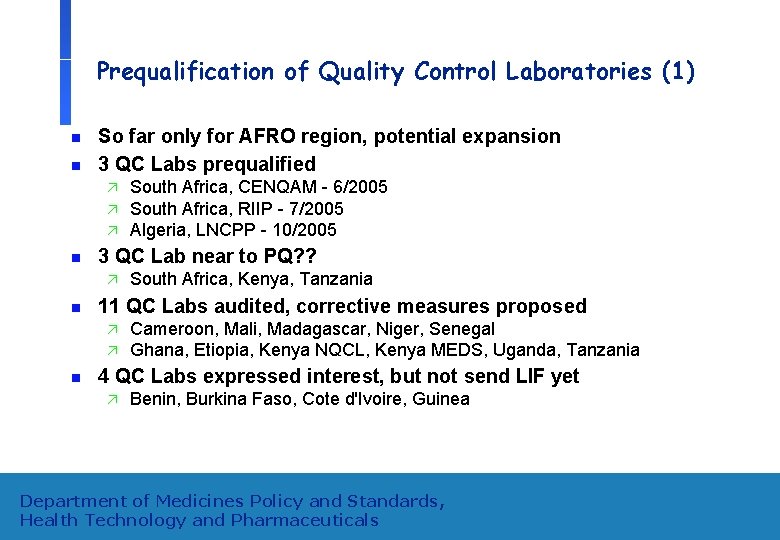 Prequalification of Quality Control Laboratories (1) n n So far only for AFRO region,