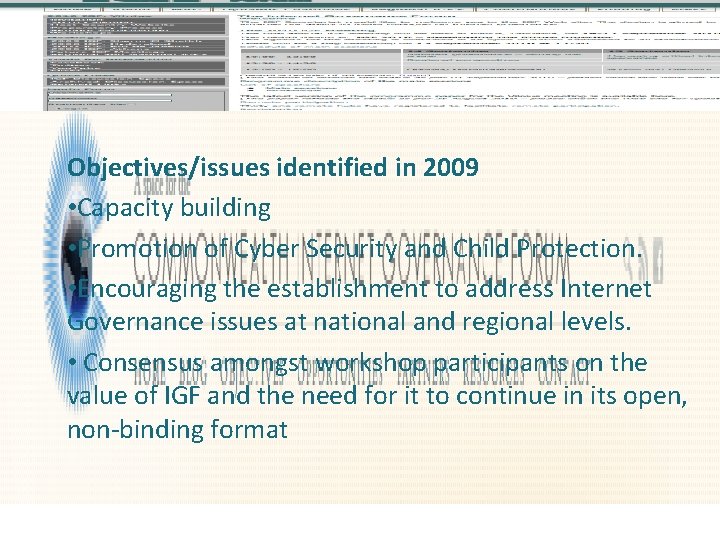 Objectives/issues identified in 2009 • Capacity building • Promotion of Cyber Security and Child