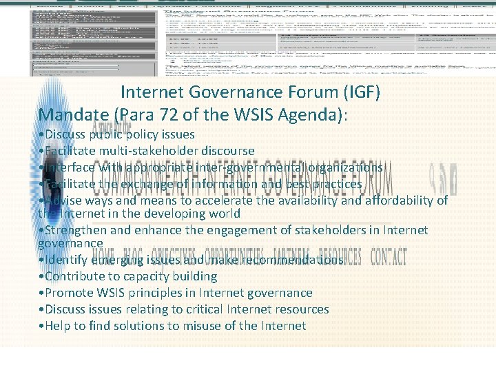 Internet Governance Forum (IGF) Mandate (Para 72 of the WSIS Agenda): • Discuss public