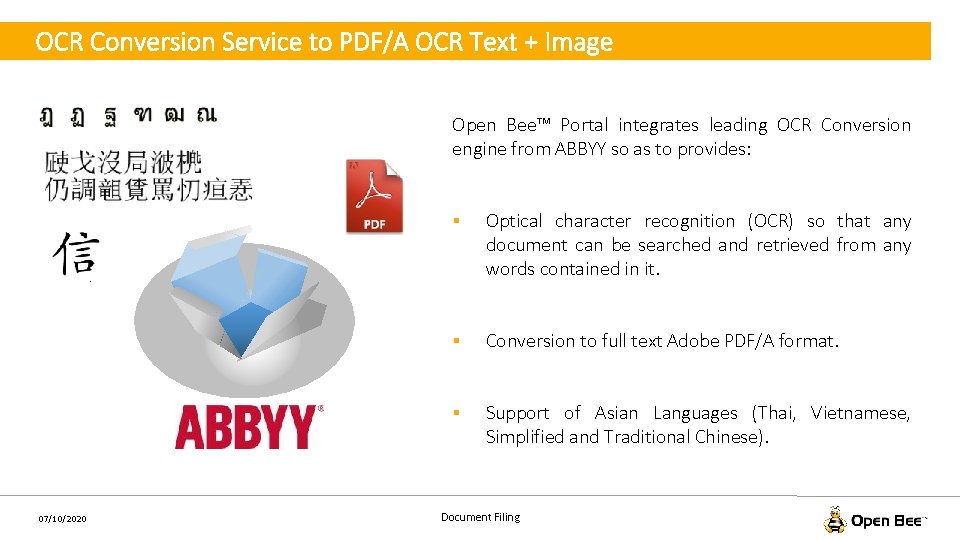 OCR Conversion Service to PDF/A OCR Text + Image Open Bee™ Portal integrates leading