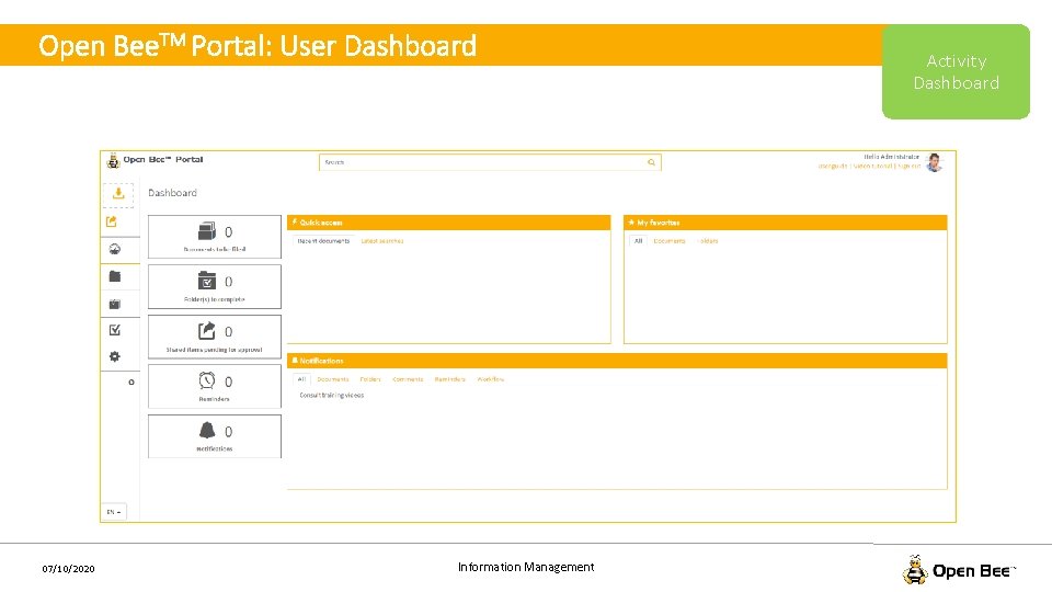 Open Bee. TM Portal: User Dashboard 07/10/2020 Information Management Activity Dashboard 
