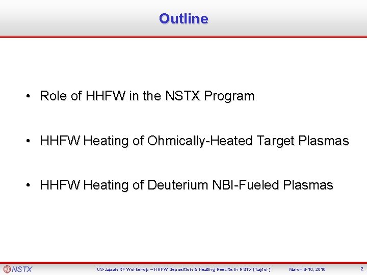 Outline • Role of HHFW in the NSTX Program • HHFW Heating of Ohmically-Heated