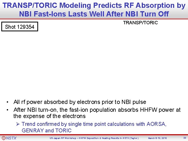 TRANSP/TORIC Modeling Predicts RF Absorption by NBI Fast-Ions Lasts Well After NBI Turn Off