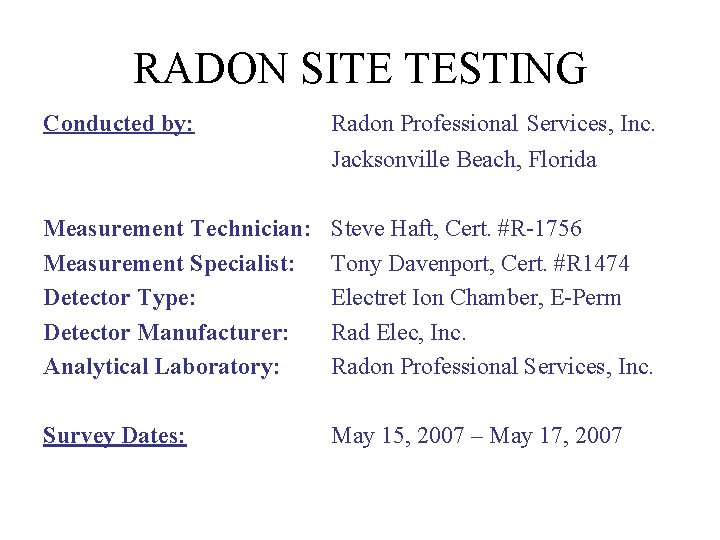 RADON SITE TESTING Conducted by: Radon Professional Services, Inc. Jacksonville Beach, Florida Measurement Technician: