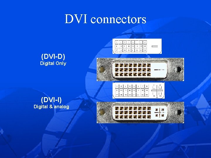 DVI connectors (DVI D) Digital Only (DVI I) Digital & analog 