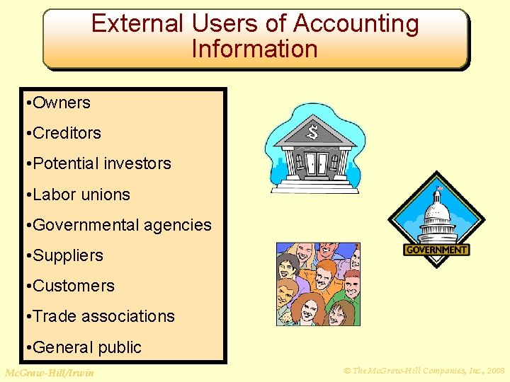 External Users of Accounting Information • Owners • Creditors • Potential investors • Labor