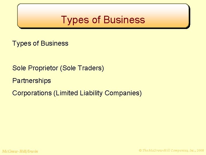 Types of Business Sole Proprietor (Sole Traders) Partnerships Corporations (Limited Liability Companies) Mc. Graw-Hill/Irwin