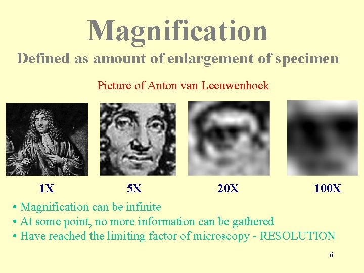 Magnification Defined as amount of enlargement of specimen Picture of Anton van Leeuwenhoek 1