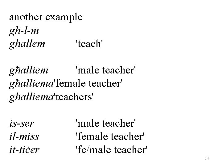 another example għ-l-m għallem 'teach' għalliem 'male teacher' għalliema'female teacher' għalliema'teachers' is-ser il-miss it-tiċer