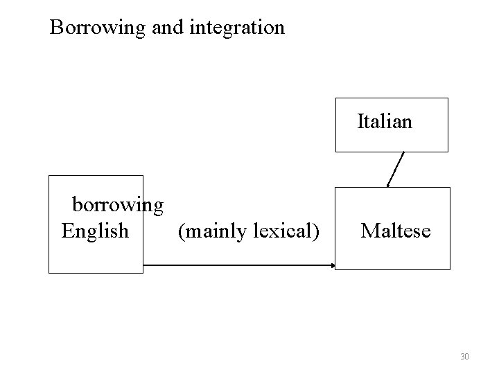 Borrowing and integration Italian borrowing English (mainly lexical) Maltese 30 