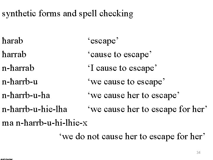 synthetic forms and spell checking ħarab ‘escape’ ħarrab ‘cause to escape’ n-ħarrab ‘I cause