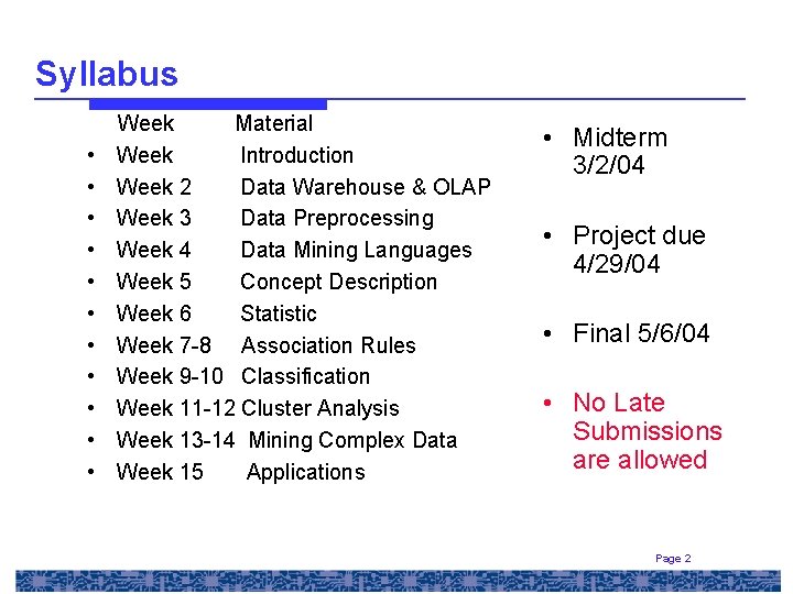 Syllabus • • • Week Material Week Introduction Week 2 Data Warehouse & OLAP