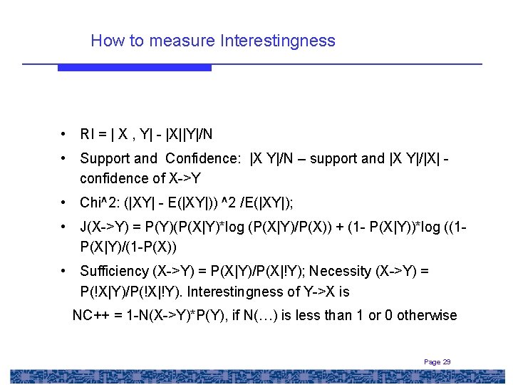 How to measure Interestingness • RI = | X , Y| - |X||Y|/N •