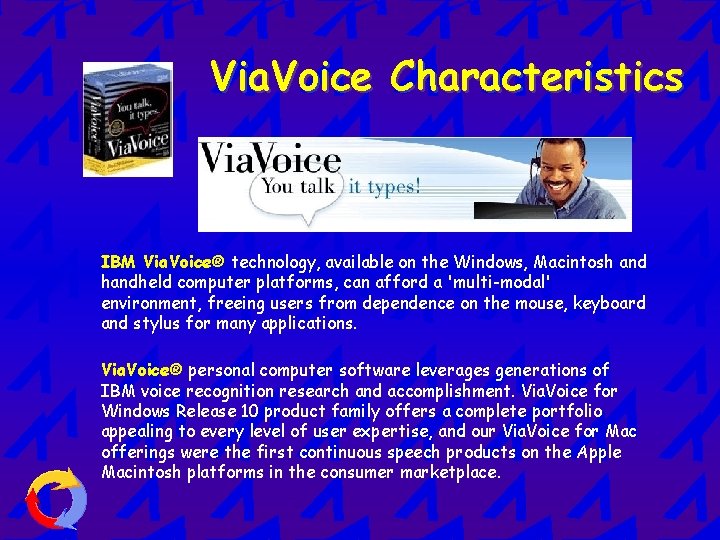 Via. Voice Characteristics IBM Via. Voice® technology, available on the Windows, Macintosh and handheld